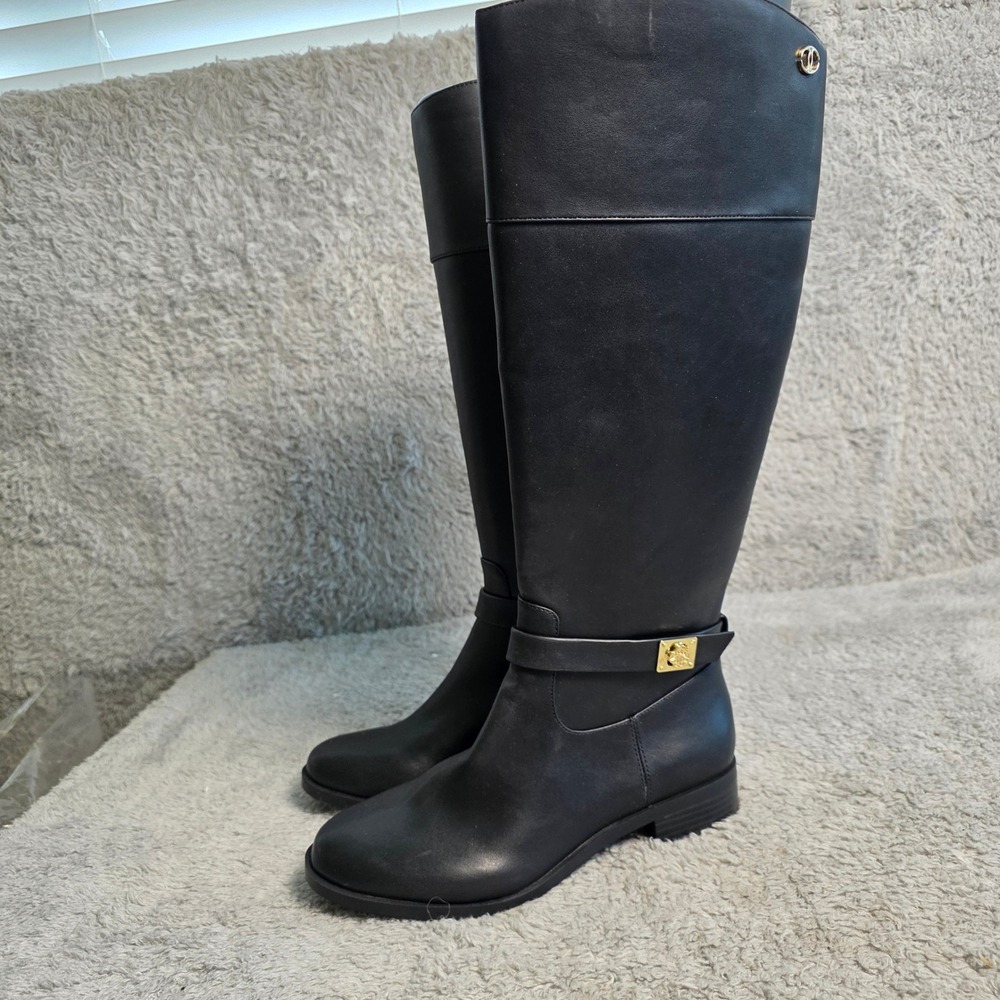 Charter Club Johannes Black Knee High Riding Boots Women's 6M‎ Gold Buckle NEW